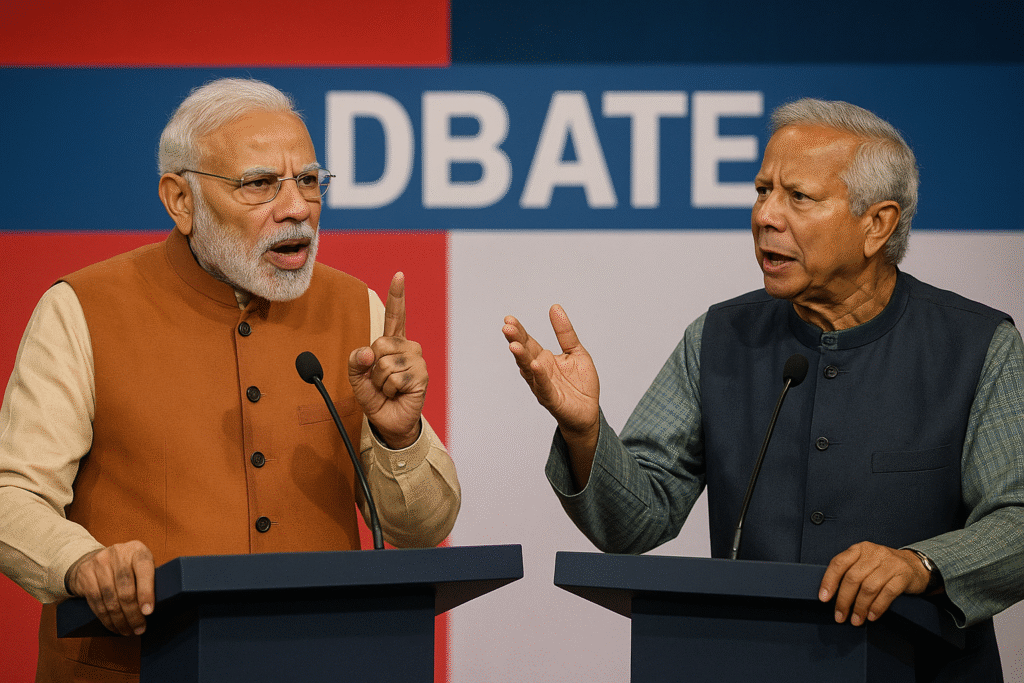 A political cartoon or meme-style image showing Modi and Muhammad Yunus?